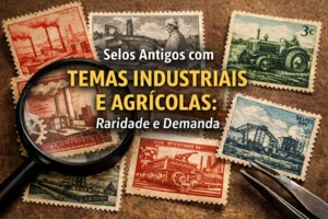 Selos antigos com temas industriais e agrícolas raridade e demanda